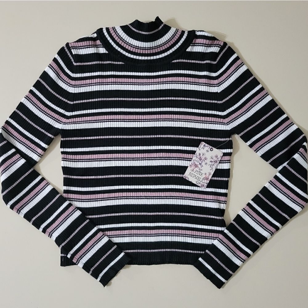 Pink Republic Ribbed Black Striped Crop Long Sleeve Sweater